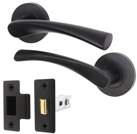 EAI Matt Black Door Handles with Latch, 1 Pack - Novoli | Complete Latch Kit with 1 Pair of Round Lever on Rose Internal Door Handles, 64mm Latch, Fixings Included