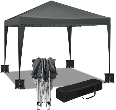WOLTU Gazebo da Giardino Richiudibile 3x3m Gazebo da Esterno in Ferro Regolabile in Altezza Tendone Pieghevole con Set di 4 Sacchi di Sabbia, Facile da Montare Antracite