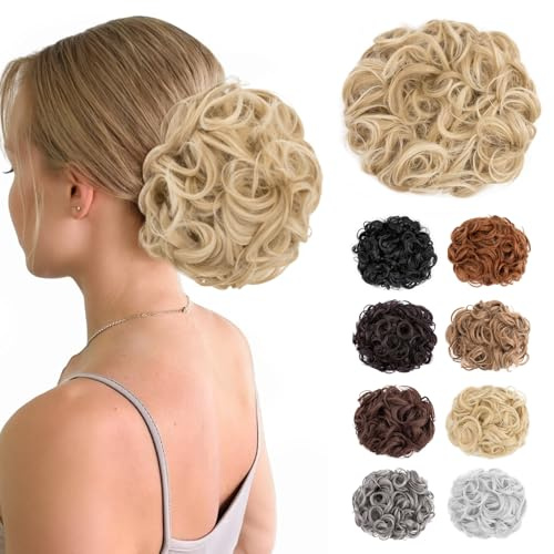 S-noilite Peignes courts Chignon en désordre Extensions de cheveux à clipser Queue de cheval bouclée ondulée Chouchou Chignon Updo Chignon plat Postiches,Blond cendré mélangé Blond décoloré