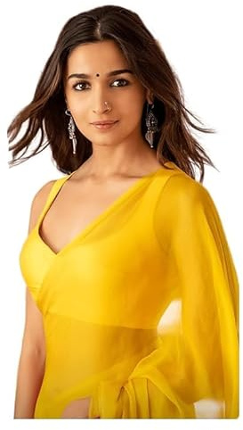 Accessorize Kingdom Women's Plain Pure Georgette Saree With Unstitched Blouse Piece (Rocky Aur Rani Ki Prem Kahani Alia Bhatt Saree) (Yellow)