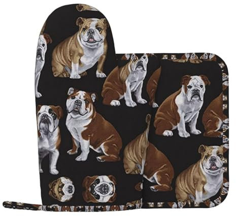 Englische Bulldoggen Silikon-Ofenhandschuhe und Topfmatte, Ofenhandschuhe zum Grillen, Kochen und Backen