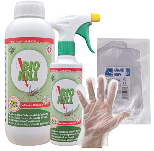 Kit Biokill Insetticida Biologico da Piretro Naturale a Base Acquosa, Acaricida, Non Lascia Odore, Spray da 375ml + Ricarica da 1LT + OMAGGIO 100pz Guanti Monouso (1RIC+1SPRAY+1CF GUANTI)
