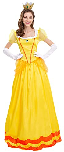 ABEHIK Belle Disfraz de princesa Peach para mujer, disfraz de princesa, con guantes y corona, disfraz para adultos, disfraz para carnaval, Halloween y Navidad