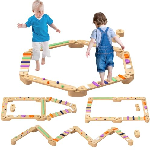 AIYAPLAY Poutre d'équilibre en bois pour enfants avec pierres d'obstacle colorées jouet d'entraînement d'équilibre parcours de motricité pour enfants 3-8 ans intérieur et extérieur