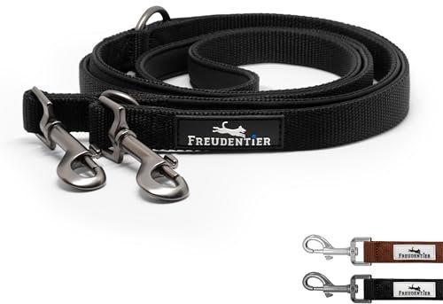 FREUDENTIER Hundeleine 2m – Verstellbare Führleine - Weich gepolstert, liegt angenehm in der Hand - Robuste Leine Hund für mittelgroße & große Hunde - Model Clyde (Schwarz, 20mm)