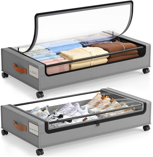 LAMU Under Bed Storage with Wheels, 2 Pack Under Bed Storage Containers with Clear Lid, XXL 60L Underbed Storage Bins, Rolling Under Bed Metal Drawers for Clothes, Blankets, Shoes, Grey