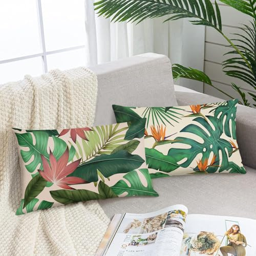 Bonhause Housse de Coussin Feuilles Tropicales 30 x 50 cm Verte Feuille Plante Décoratif Taie d'oreiller pour Canapé Salon Chambre Chaise Jardin Maison Décoration 2 Pièces