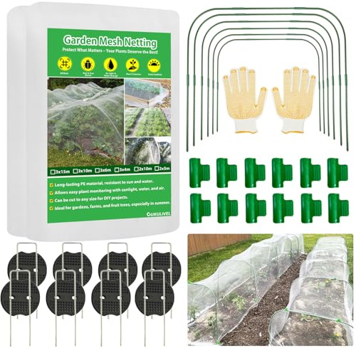 Garden Mesh Netting Kit, 3x12M Ultra-Fine Insect Netting with 6 Sets Tunnel Hoops & 12 Clips ＆12 Garden Pegs, Garden Netting for Raised Beds, Greenhouse, Vegetable & Flower Cover