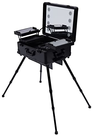 Kosmetikkoffer, Trolley Schminkkoffer, Schminktisch mit 4 Rollen & Beleuchtung & Spiegel, Make Up Koffer Kosmetik, Friseurkoffer, Profi-Schminkstation, verstellbare Beine