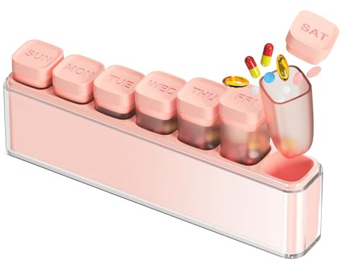 HIONXMGA Tablettenbox 7 Tage, Abnehmbare Reise Pillendose 7 Fächer, Medikamentenbox Deutsch, BPA-freier tragbarer Pillenbox für Vitamine, Fischöl, Medikamente, Nahrungsergänzungsmittel usw. – Rosa