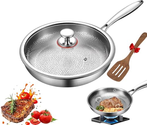 Poêle en titane martelée Pro avec couvercle,|ultra-durable| résistante aux rayures | antiadhésive, poêle à frire en titane non revêtu de première qualité pour la cuisine (Couvercle inclus, M-28CM)