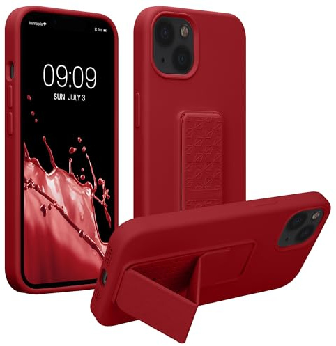 kwmobile Case for Apple iPhone 13 Case - Soft TPU Cover with Silicone Coating - With Hand Strap and Stand Function - Shockproof - Rhubarb Red