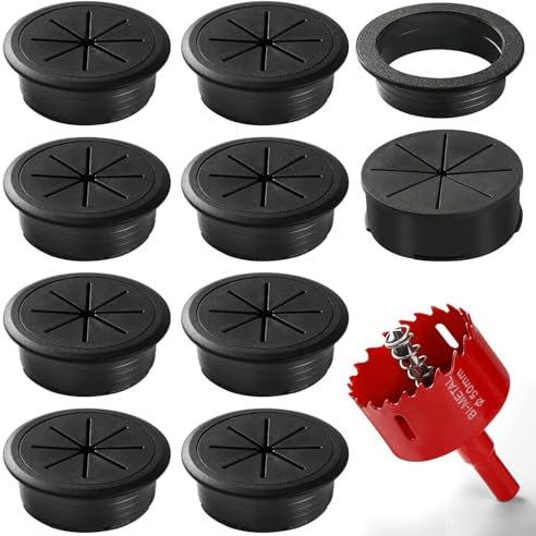 MANICAF Kabeldurchführung, 8 Stück Kabeldurchführung Schreibtisch Schwarz 50mm Kabeldurchlass Schreibtisch, Schreibtisch Kabeldurchführung mit 1 Stück Lochsäge