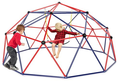 HOMASIS Ø 305cm Kletterkuppel mit Schaukel, Klettergerüst Kuppelform, Kuppel Kletterturm Spielplatz Outdoor Indoor, Kletterleiter bis 363 kg, Kinderklettern für 6 Kinder 3-10 Jahren (Neu Rot+Blau)