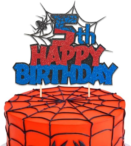 DazzJoy Spinne Happy Birthday-tårtdekoration 5-årsdag pojke, glitter tårta topper 5-årsdag pojkar, spindelmande, födelsedagsdekoration 5 år pojke, Spinne tårtdekoration för barns födelsedag