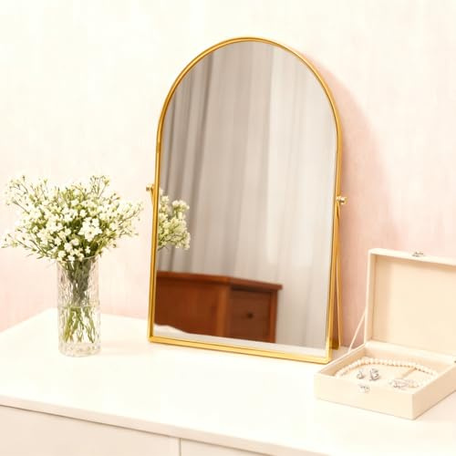 Numjeg Golden Metal Mirror Vanity Table Desk Arch Makeup Bathroom Mirror Rotation Framed Standing Mirrors 90°Adjustable Room Decor for Living Room,Bedroom,Tabletop