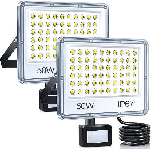 YIQIBRO 50W LED Strahler mit Bewegungsmelder Außen für Garten, 2 Stück | 5000LM LED Scheiwerfer mit Bewegungsmelder, 6500K Kaltweiß Aussenstrahler,Außenlampe IP67 Wasserdicht für Lager Garage Keller