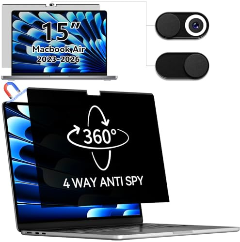 IPROKKO 360° Magnetic Privacy Screen Protector for MacBook Air 15 inch (2023-2026, M2 M3 M4 M5) - A2941 A3114 A3241 A3448, Removable Anti Glare Blue Light Mac Air 15.3 Laptop Black Private Filter