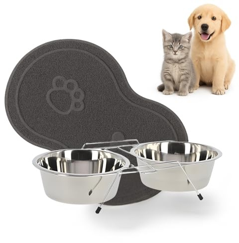 Comedero para Gato Elevado Ø11 cm con Alfombrilla Comedero Gato | Set 2 Cuencos Acero Inoxidable 304 | Estable, higiénico y fácil de Limpiar.