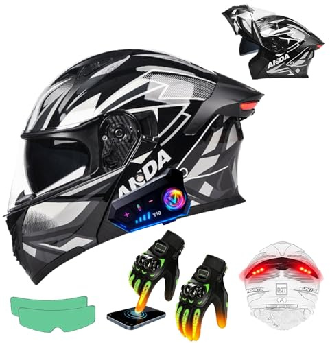 Bluetooth Modulable Casque Moto, Flip Up Casque Moto, ECE Homologué Anti-Buée Double Visière, Gants Chauffants Tactiles, Arrière LED Autocollants Anti-Buée, Adultes Tourisme Moto J,X-Large