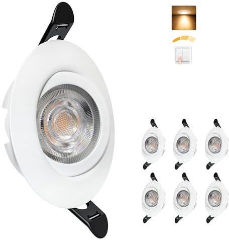 Aulaiyi LED Einbaustrahler 230V 3 Stufe Dimmbar 68mm 5.5W IP44 LED Spots | 45° Schwenkbar Deckenspots, 2700K Warmweiß Einbauleuchten, 25mm Ultra Flach Spots Deckenleuchte für Bad Küche, Weiß 6er Set