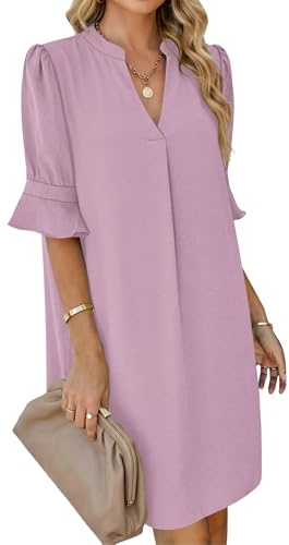 AUSELILY Robe Chemise Femme Été Col en V Manches Volantées Robe Courte | Robe Chemise Femme Été Chic et Élégant, Col Montant V, Manches Volantées, Coupe Ample Courte avec Poches