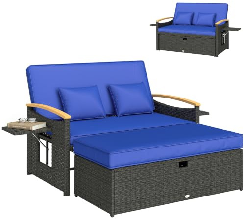 Outsunny Double Garden Rattan Daybed w/Storage Ottoman Side Tray Brown