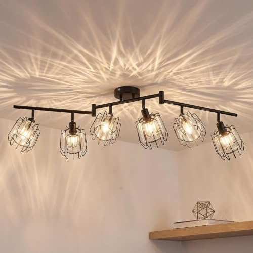 LVWIT Deckenstrahler 6 Flammig Deckenlampe Wohnzimmer - Vintage Kristall Deckenleuchte Schwarz Retro Design Strahler 350°Schwenkbar E14 Spotleuchte für Schlafzimmer Küche Flur (Ohne Leuchtmittel)