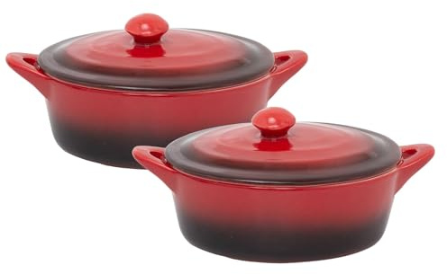 Set of 2 Small Red Stoneware Casserole Dishes with Lids, 600ml Red Ombre Oval Oven Dish Baking Dishes with Double Handles