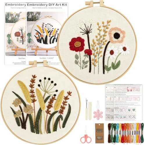 VINATO Broderikit för nybörjare | 2 delar med ramar 20 cm bambu, garn, nålar och videohandledning – blommönster, korsstygn