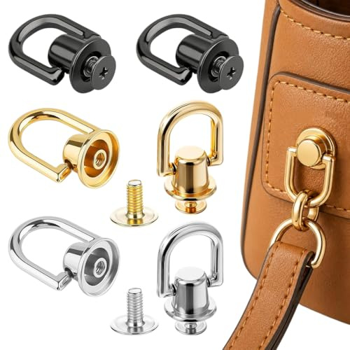 9 remaches de tornillo con anilla en D, remaches metálicos con anilla en D giratorios 360°, remaches huecos con perforador y tornillo para carteras de cuero, bolsos, cinturones