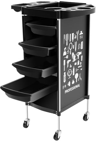 Frisörvagn 37 x 34 x 88 cm, salongsvagn med 4 lådor, 6 nivåer, 4 universella rullar, PP rullvagn 30–50 kg för frisör, skönhetssalong, spa och tatueringsstudio