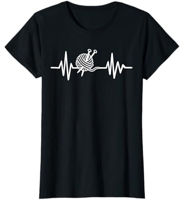 Stricken Shop Damen T-Shirt Schwarz S Klassisch Frequenz Puls oder Herzschlag mit Wolle und Stricknadel für alle, die nähen oder stricken Klassische Passform Halbarm Rundhals-Ausschnitt 15-38 cm