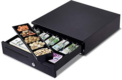 DREAMADE Kassenschublade mit Elektrisch/Manuell Öffnen, Geldschublade Geldkassette, Cash Drawer mit 5 Fächer verstellbar, Geldzählkassette Münzeinsatz Kassenlade, Schwarz