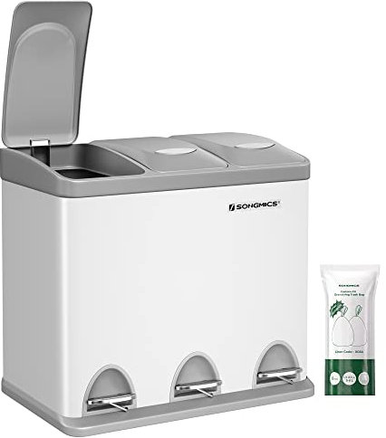 SONGMICS Cestino per Rifiuti da Cucina, 3 x 8 L Pattumiera Differenziata Piccolo Volume, Cestino Triplo in Acciaio, Pedali e Secchi Interni, Facile da Pulire, Bianco e Grigio LTB24WT