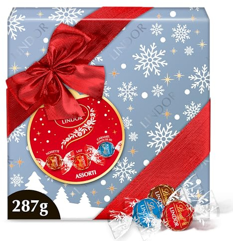 Lindt - Boîte Cadeau LINDOR - Assortiment de Chocolats au Lait, Noisettes, Caramel Pointe de Sel - Cœur fondant - Idéal pour Noël, 287g