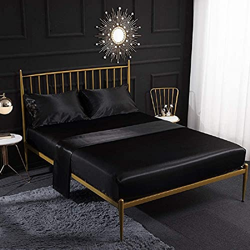 Set di biancheria da letto in raso nero di Loussiesd, misura matrimoniale, 4 pezzi, liscio, setoso, con tasca profonda, lenzuolo con angoli in raso simile alla seta, morbido, fresco, per hotel, estate