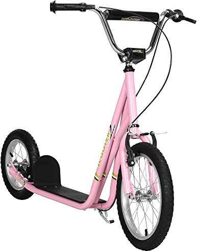 HOMCOM Roller Kinderroller mit Luftreifen Handbremse, 16 Zoll Tretroller Höhenverstellbar Kickscooter für Jungen und Mädchen ab 5 Jahre Kickboard Cityroller Kinder Scooter Rosa