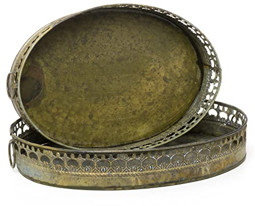 Moritz Tablett Set oval Grün-grau Metall 35 cm – Serviertablett Landhaus | Zwei Größen mit durchbrochenem Rand und Griffen in bronzefarbener Antik-Patina, für Tischdeko, Obst, Kerzen und Pflanzen