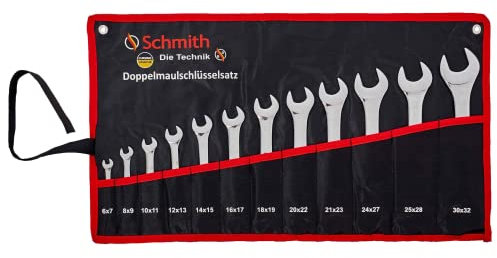 Schmith Maulschlüssel Set 6x7-30x32 - Doppelmaulschlüssel Set aus CV-Stahl - Robustes Werkzeug - Ratschenschlüssel mit Rolltasche - Schraubenschlüssel Set - DIN 3110 Norm - 12-tlg