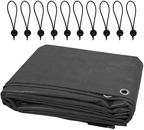 3 x 3 m Tarpaulin Waterproof Heavy Duty Cover Camping Ground Sheet Caravan Furniture Multipurpose + 10 Bungee Balls (Grey – 200 GSM)