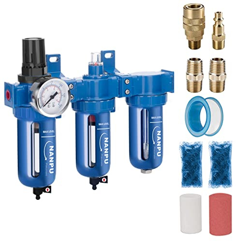 NANPU Zinc Alloy 3 Stage Air System - Particulate Filter, Coalescing Filter, Desiccant Dryer & Air Regulator, Poly Bowl, Manual Drain, Mid Flow, Suitable for Paint Spray & Plasma Cutter (1/4 NPT)