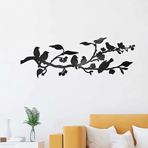 KLZUOPT Exquisite Wandskulptur, Kunst-Dekor, Vögel auf Zweig, Metall-Wand-Kunst-Dekor, Vogel-Silhouette, Wandskulptur, Schwarze Blätter mit Vögeln, Metall-Ornament, Wandbehang