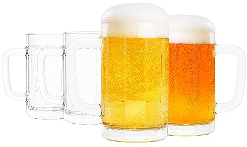 4 Pack Heavy Duty Glass Mugs - 16oz Large Beer Glasses with Handle, Freezer Safe, Classic Beer Mug Set for Bar & Beverages