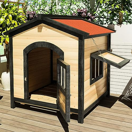 Hundehütte aus Massivholz mit Sonnenblende mit Türen und Fenstern, leicht zu reinigen und zu installieren, einfaches Hundehaus für drinnen und draußen, Log-Farbe, groß