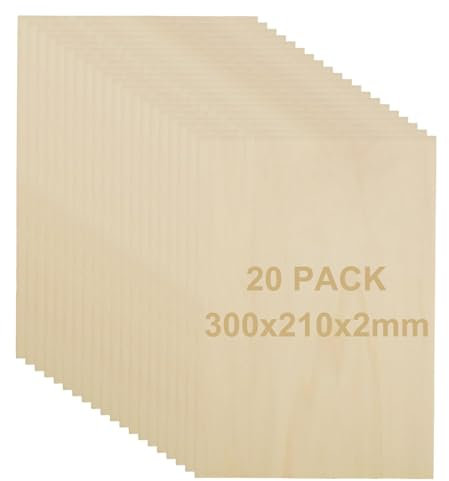 AHAQU 20 Pack 300x210mm Basswood Sheets, 2MM Craft Plywood Sheets, Unfinished Wood Boards for Crafts, Hobby, Model Making, Wood Burning