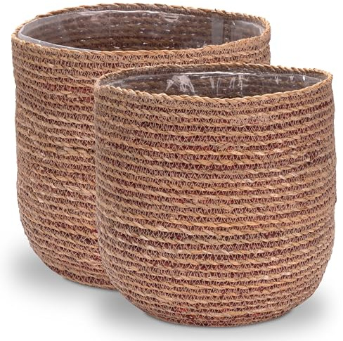 Decorasian Seegras Blumentopf – Übertopf geflochten – dekorativer Planzenkorb mit Folieneinsatz im Boho Stil - Natur/rot, Set L