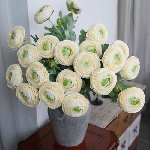 VOELIGT Künstliche Ranunkeln mit echtem Stiel, Seide, Ranunkel, blühende Blumen, Kunstblätter für Heimdekoration, Blumenstrauß, elfenbeinfarben, 10 Stück