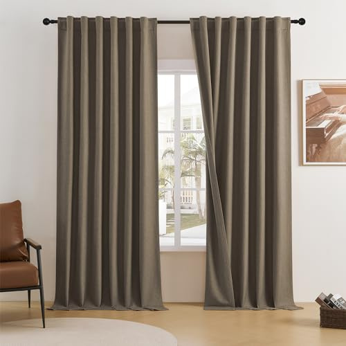 DUALIFE Leinen-Vorhänge, extra lang, 330 cm lang, für hohe Decke, Wohnzimmer, Plissee-Rückseite, Schlaufenstange, Taschengürtel, 2 Vorhänge, 132 cm breit, 2 Paneele, 127 x 332 cm Länge