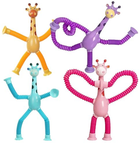 4 Stück Juguete Telescópico Teleskop Giraffe Saugnapf Spielzeug, Telescopic Suction Cup Giraffe Toy, Sensorisches Giraffen-Spielzeug, Teleskop Saugnapf Giraffe Spielzeug, Pop Tubes